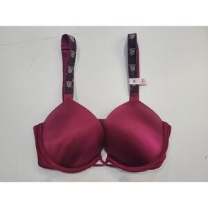 Victorias Secret 32C Burgundy‎ Satin Push Up Bra Rhinestone Straps Plunge